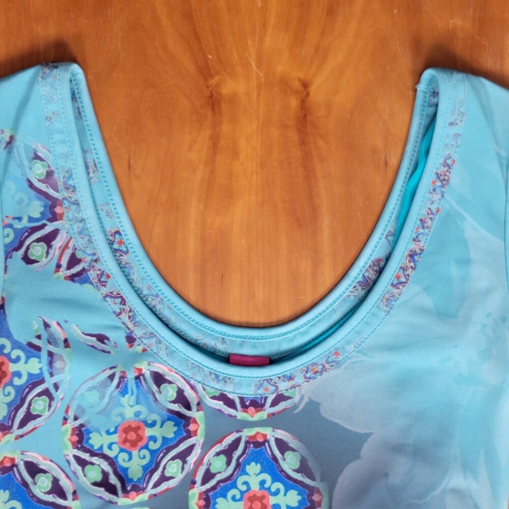 Save the Queen Teal Print 3/4 Sleeve Scoop Neck Dress - M - Picture 7 of 13
